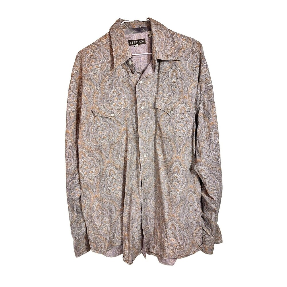 Stetson L Mens Long Sleeve Snap Pearl Button Up Shirt Paisley Gray Brown Pockets